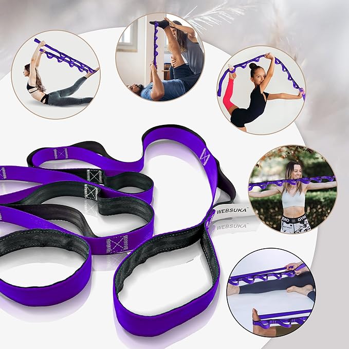Stretching Strap Yoga Strap, 10 Loops Non-Elastic Stretch Bands Helps Women and Men Improve Flexibility for Home Workout, Physical Therapy, Pilates, Exercise, Dance, Comes with Door Anchor-GravixFit