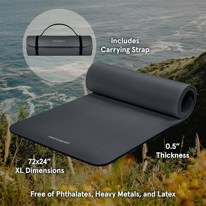 Retrospec Solana Yoga Mat 1/2" Thick w/Nylon Strap for Men & Women - Non Slip Exercise Mat for Yoga, Pilates, Stretching, Floor & Fitness Workouts-GravixFit