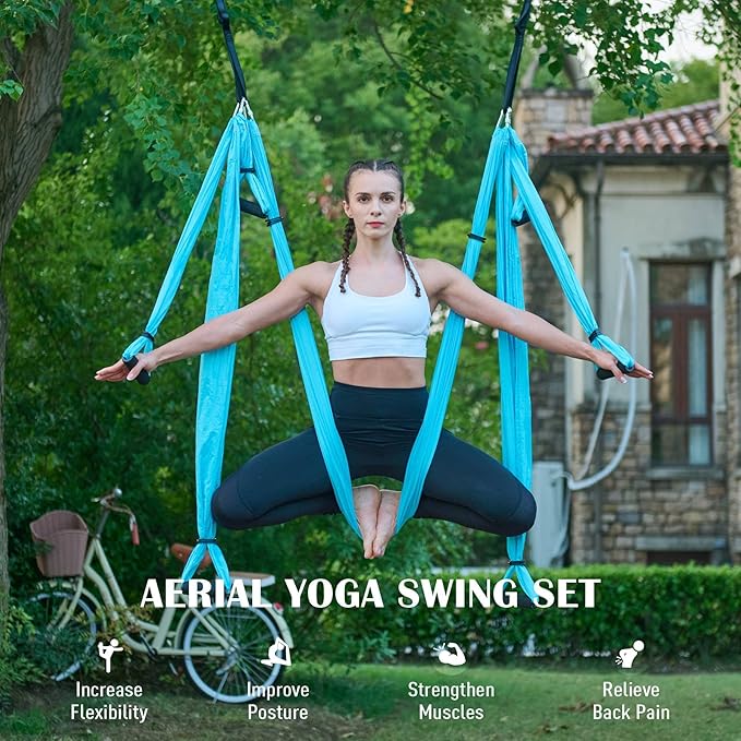 ZELUS Aerial Yoga Swing Sling Strong Yoga Hammock Kit Set Trapeze Inversion Equipment Include 2 Extensions Straps and Ceiling Mounting Kit-GravixFit
