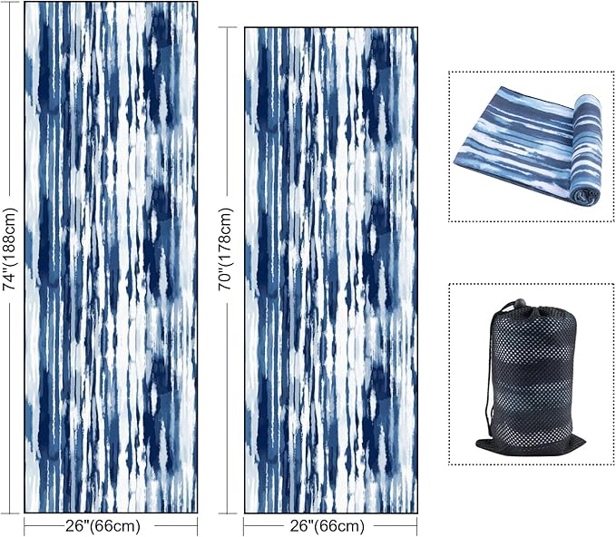 QiyI Yoga Mat Towel with Corner Pockets, Non Slip Sweat Absorbent Hot Yoga Towels, Soft Yoga Blankets with Travel Bag, Skidless Mat Cover for Workout, Gym, Fitness - 70"x26", Blue White Tie Dye-GravixFit