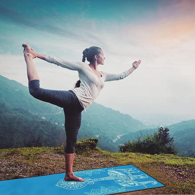 QiyI Yoga Mat Towel with Corner Pockets, Non Slip Sweat Absorbent Hot Yoga Towels, Soft Yoga Blankets with Travel Bag, Skidless Mat Cover for Workout, Gym, Fitness - 70"x26", Blue Mandala Elephant-GravixFit
