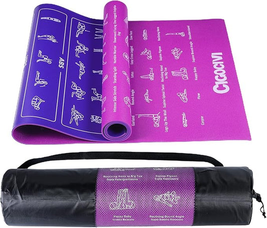 Instructional Travel Yoga Mat with 75 Poses & Exercises - Non-slip Exercise Mat for Home Workout, Includes Carrying Bag - Perfect for Beginners, 68"x24"x0.25"-GravixFit