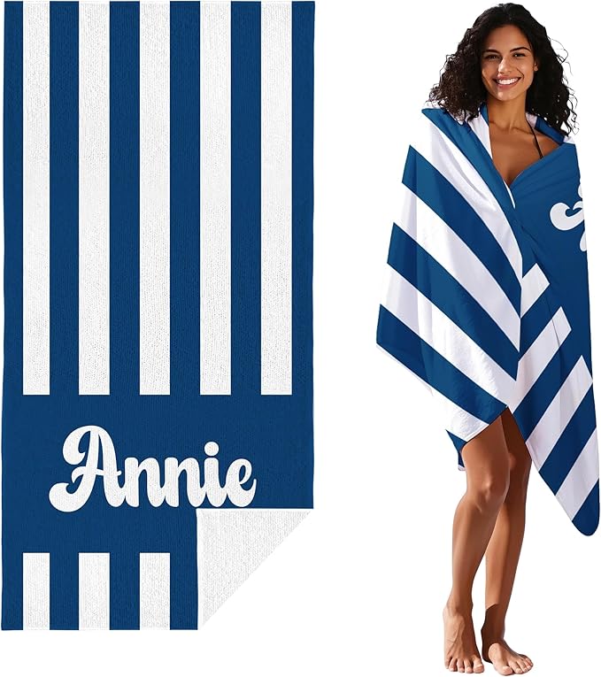 JML Personalized Beach Towel with Name, Custom Cabana Stripe Beach Towel, Customized Microfiber Pool Towel, Quick Dry & Absorbent Swim Towel for Adult,Mother's Day, Birthday, Summer Holiday,Vacation-GravixFit