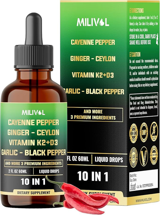 10in1 Cayenne Pepper Liquid Drops + Ginger, Ceylon Cinnamon, Vitamin D3, Vitamin K2, Garlic, Black Pepper and More - Digestion Support - 2 Fl Oz - 2 Months Supply-GravixFit