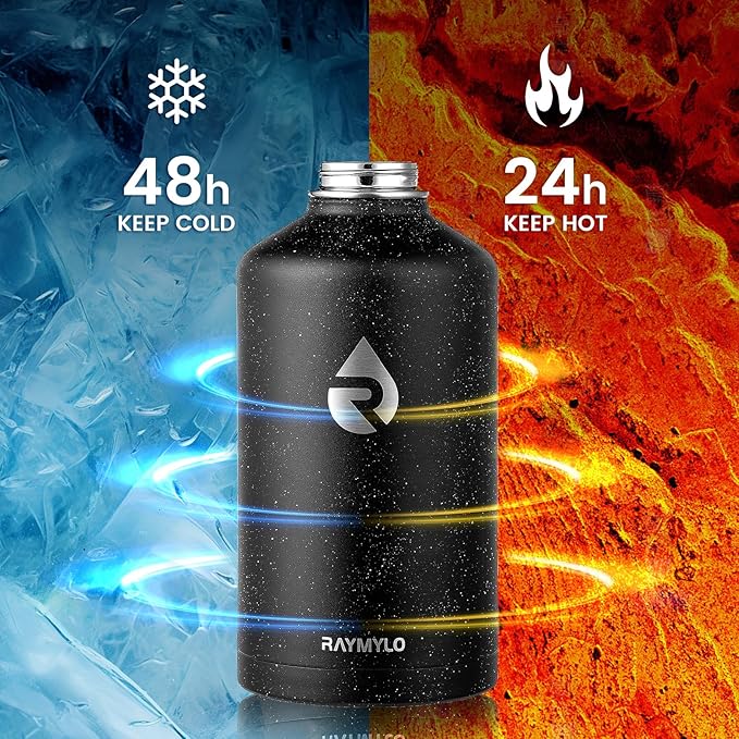 128oz Insulated Water Bottle, Triple Wall Vacuum Stainless Steel Water Bottles - Keeps Cold 48H, Reusable One Gallon Flask Jug for Gym, Sports, Camping, Hiking,Travel, Black Speckled-GravixFit