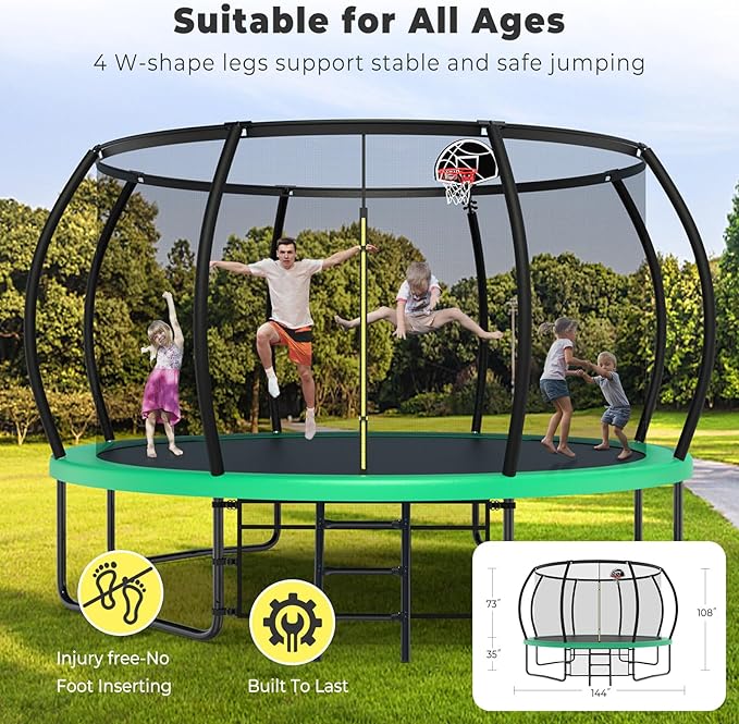 10 12 14 15 16FT Outdoor Trampolines for Kids and Adults, Pumpkin Trampoline with Curved Poles, Recreational Trampoline with Basketball Hoop and Safety Enclosure Net for Kids and Adults-GravixFit