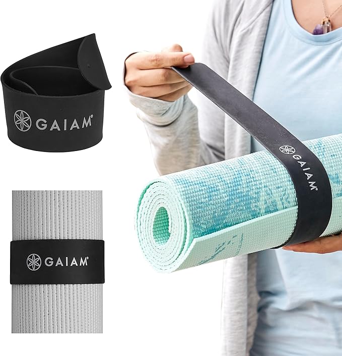Gaiam Yoga Mat Strap Slap Band - Keeps Your Mat Tightly Rolled and Secure with One Snap - Strong Clasp for Yoga Mat Storage and Travel - Fits Most Size Mats (20"L x 1.5"W), Black-GravixFit