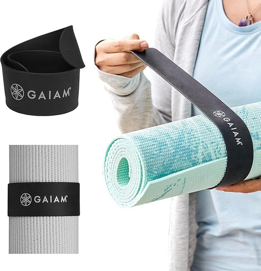 Gaiam Yoga Mat Strap Slap Band - Keeps Your Mat Tightly Rolled and Secure with One Snap - Strong Clasp for Yoga Mat Storage and Travel - Fits Most Size Mats (20"L x 1.5"W), Black-GravixFit