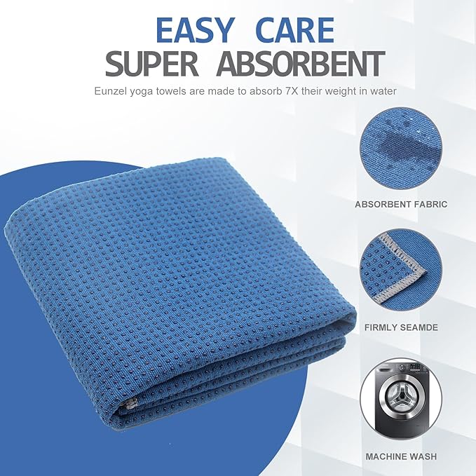 Eunzel Yoga Towel,Hot Yoga Mat Towel with Grip Dots Sweat Absorbent Non-Slip for Hot Yoga, Pilates and Workout 24" x72", Steel Blue-GravixFit