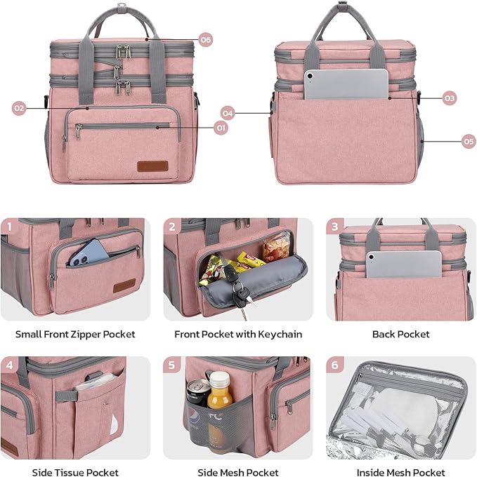 Maelstrom Lunch Bag Women,23L Insulated Lunch Box for Men Women,Expandable Double Deck Lunch Cooler Bag,Lightweight Leakproof Lunch Tote Bag with Side Tissue Pocket,Pink-GravixFit