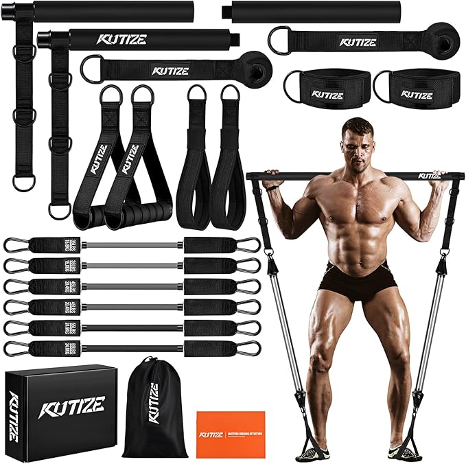 Pilates Bar Kit with Resistance Bands, Heavy Duty Pilates Equipment for Men, Strength Training Bar for Legs, Hip, Back, Arm, Abs, Chest, Shoulders, Portable Home Gym Full Body Workout Equipment-GravixFit
