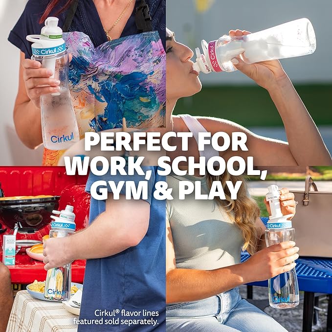 Cirkul 12oz. BPA-Free Plastic Water Bottle Starter Kit for Kids with Blue Lid, 2 Flavor Cartridges (1 LifeSip Fruit Punch, 1 FitSip Mixed Berry), No Sugar, Zero Calorie Drink Mix-GravixFit