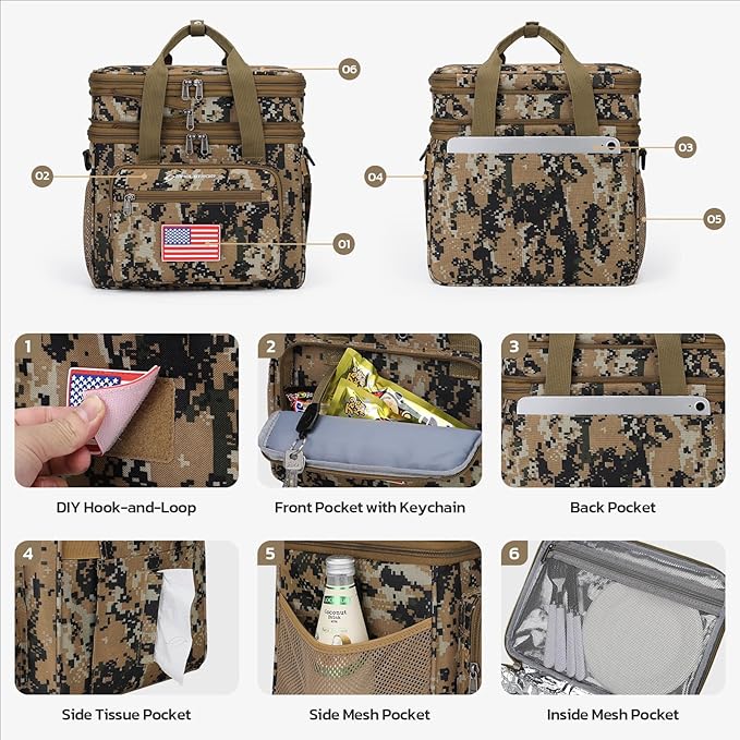 Maelstrom Tactical Lunch Box for Men, 23L Insulated Lunch Bag, Expandable Double Deck Cooler Bag, Lightweight Leakproof Tote Bag With Side Tissue Pocket, Suit For Men and Women, Camouflage-GravixFit