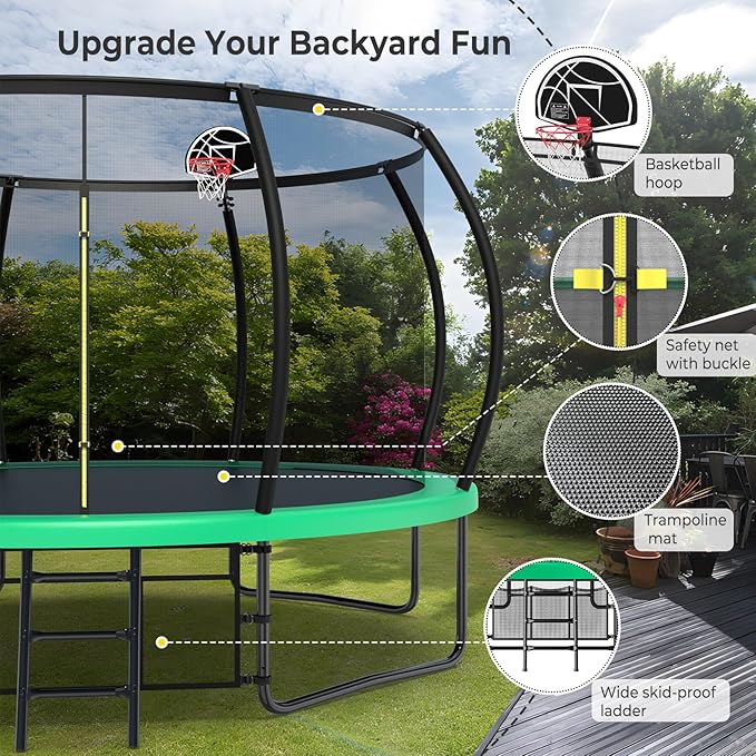 10 12 14 15 16FT Outdoor Trampolines for Kids and Adults, Pumpkin Trampoline with Curved Poles, Recreational Trampoline with Basketball Hoop and Safety Enclosure Net for Kids and Adults-GravixFit