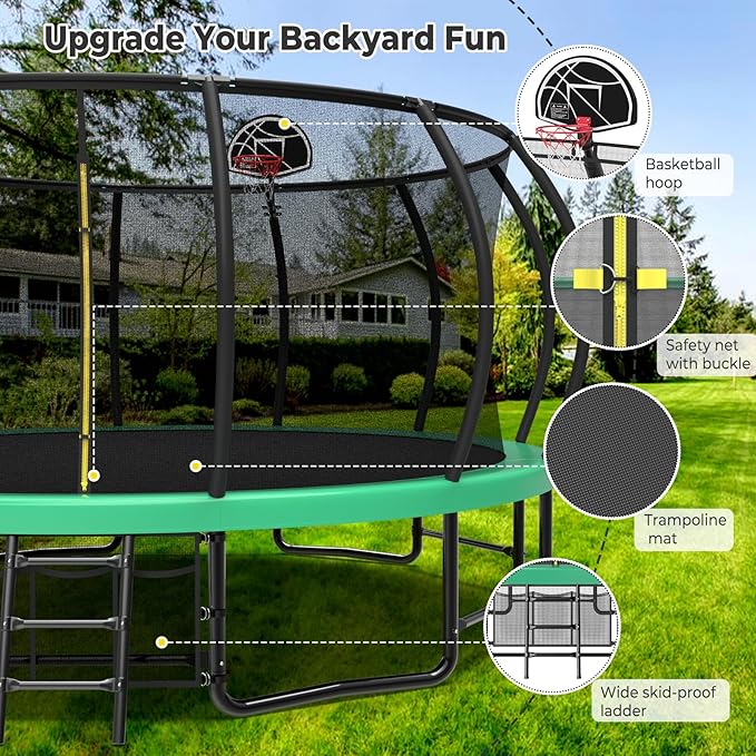 10 12 14 15 16FT Outdoor Trampolines for Kids and Adults, Pumpkin Trampoline with Curved Poles, Recreational Trampoline with Basketball Hoop and Safety Enclosure Net for Kids and Adults-GravixFit