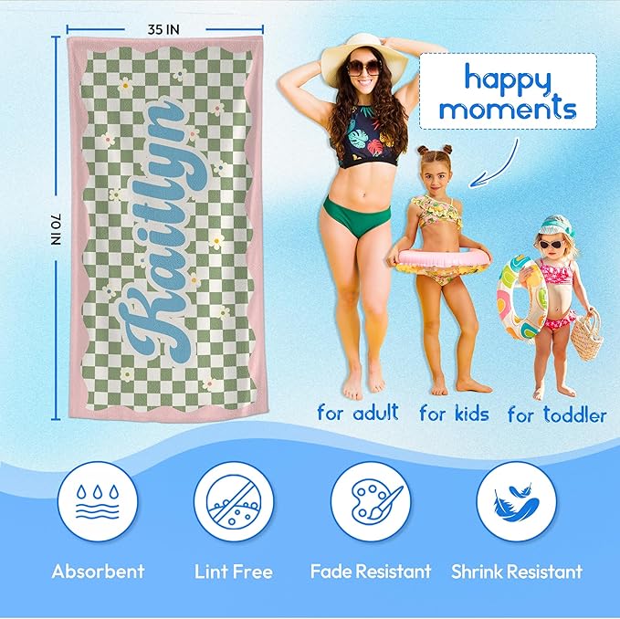 JML Personalized Beach Towel with Name, Custom Flower Beach Towel, Customized Microfiber Pool Towel, Quick Dry & Absorbent Swim Towel for Adult,Anniversary, Birthday, Summer Holiday,Vacation-GravixFit