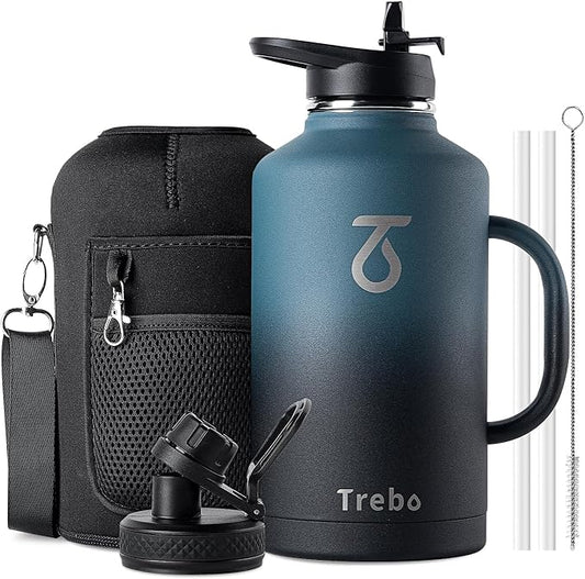 Trebo 64 oz Water Bottle Insulated with Handle, Half Gallon Stainless Steel Metal Large Jug, Travel Flask with Straw Spout Lid, Mug Tumbler Cup with Carry Pouch, Keep Cold Hot, Indigo Black-GravixFit