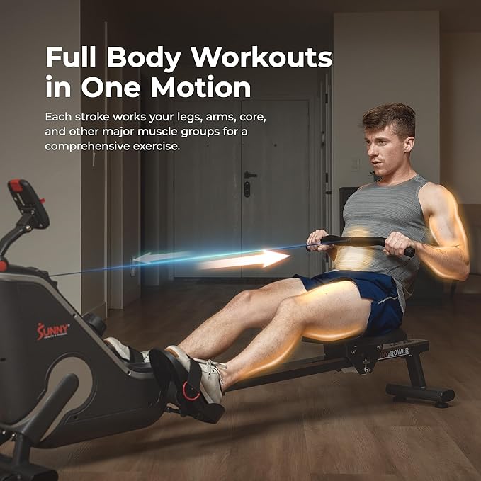 Sunny Health & Fitness Flip & Foldable Rowing Machine for Home w/Extended Slide Rail, Full-Body Workout, Low-Impact, Optional Extra Long Rail, Quiet Rail Cover, Water Motion and Free SunnyFit App-GravixFit