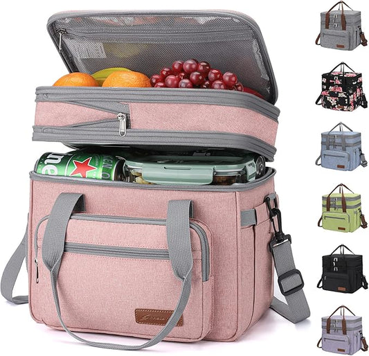 Maelstrom Lunch Bag Women,23L Insulated Lunch Box for Men Women,Expandable Double Deck Lunch Cooler Bag,Lightweight Leakproof Lunch Tote Bag with Side Tissue Pocket,Pink-GravixFit