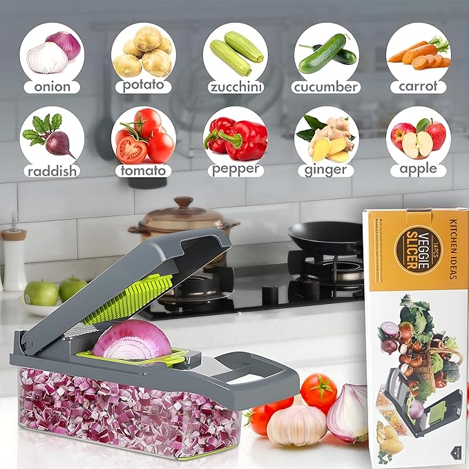 16-in-1 Vegetable Chopper & Slicer | Stainless Steel Mandoline Cutter with Onion Dicer, Grater, Spiralizer, Julienne Blades | Multifunctional & Manual Kitchen Tool I Lightweight & Easy To Use-GravixFit