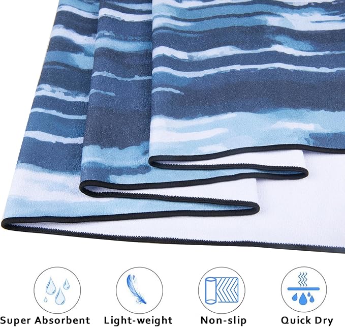 QiyI Yoga Mat Towel with Corner Pockets, Non Slip Sweat Absorbent Hot Yoga Towels, Soft Yoga Blankets with Travel Bag, Skidless Mat Cover for Workout, Gym, Fitness - 70"x26", Blue White Tie Dye-GravixFit