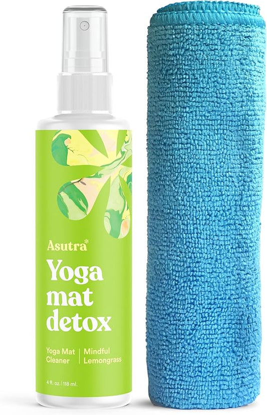 ASUTRA Yoga Mat Cleaner Spray (Mindful Lemongrass), 4 fl oz - No Slippery Residue, Organic Essential Oils Deep-Cleansing for Fitness Gear & Gym Equipment, Microfiber Towel Included-GravixFit