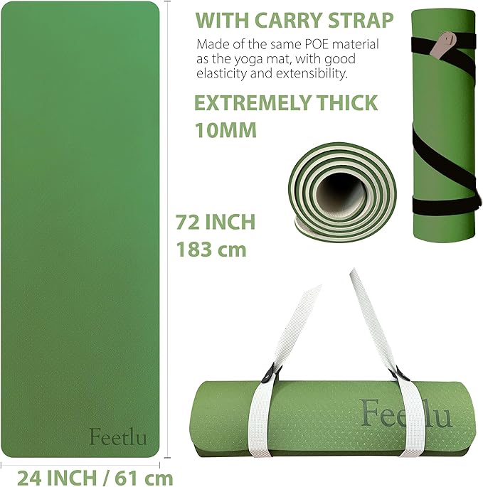 Extra Thick Exercise Yoga Mat with Strap - 2/5 Inch (10MM), Non-Slip Workout Mat for Yoga, Pilates, and Floor Exercises-GravixFit