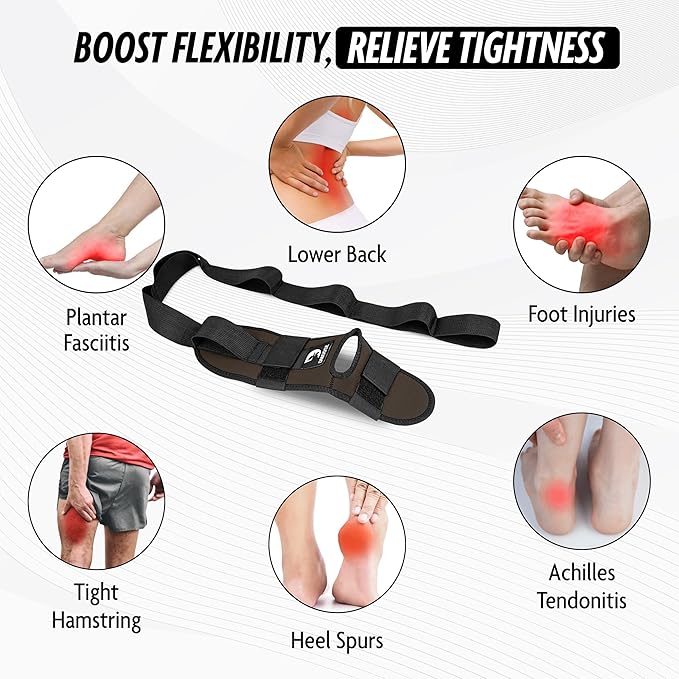 DMoose Fitness Foot & Calf Stretcher with Adjustable Padded Stretching Strap for Plantar Fasciitis, Hamstring, Heel Spurs and Achilles Tendonitis Relief - Yoga Leg Stretch Strap for Flexibility-GravixFit