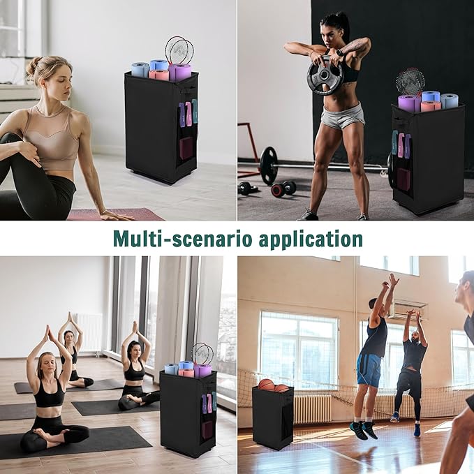 Yoga Mat Storage Racks, Home Gym Storage Rack with Wheels, Yoga Mat Holder Side 2 Mesh Pockets, Yoga Storage Basket Holds 4 Yoga Mats, 2 Foam Rollers, 6 Resistance Bands-GravixFit