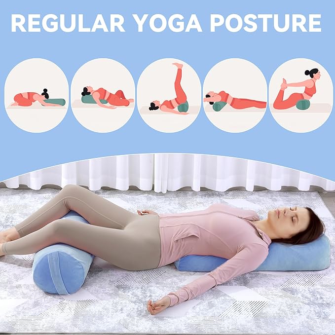 ROYALAY 2 Pcs Yoga Bolster Pillow for Restorative Yoga, Rectangular and Cylinder Meditation Pillow Set with Carrying Handles, Supportive Cushion for Exercise Workout Stretching Meditation,Sky Blue-GravixFit
