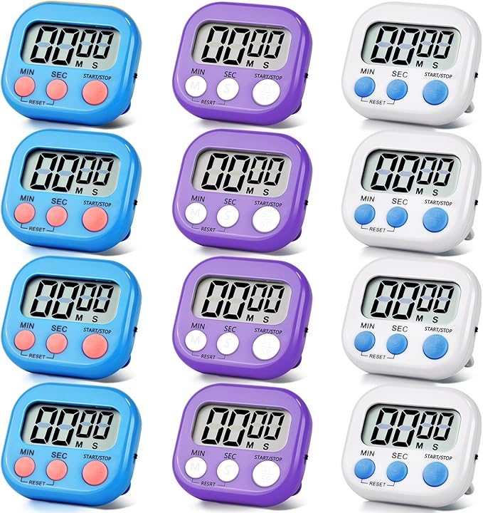 12 Pack Digital Kitchen Timer Magnetic Digital Timer with Big Display Loud Ring Cooking Timers for Kitchen Electronic Timer for Cooking, Bathing, Gym, Break Time, Classroom(12,White,Blue,Purple)-GravixFit