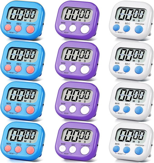 12 Pack Digital Kitchen Timer Magnetic Digital Timer with Big Display Loud Ring Cooking Timers for Kitchen Electronic Timer for Cooking, Bathing, Gym, Break Time, Classroom(12,White,Blue,Purple)-GravixFit