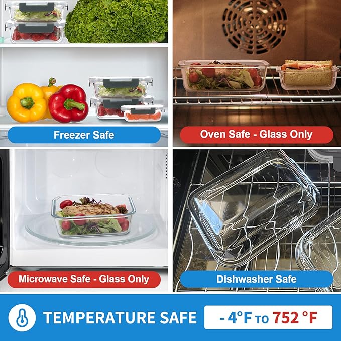 10-Pack Glass Food Storage Containers with Lids [Air-Tight,Leak-Resistant] Glass Containers for Food Storage, Meal Prep, Microwave, Freezer, Dishwasher Safe-GravixFit