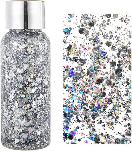 MAEPEOR Chunky Face Body Glitter Gel 19 Colors Mermaid Sequins Holographic Body Glitter Gel Long-Lasting Festival Makeup Glitter Paint for Face Body Hair Nails (30g, 01 Silver)-GravixFit