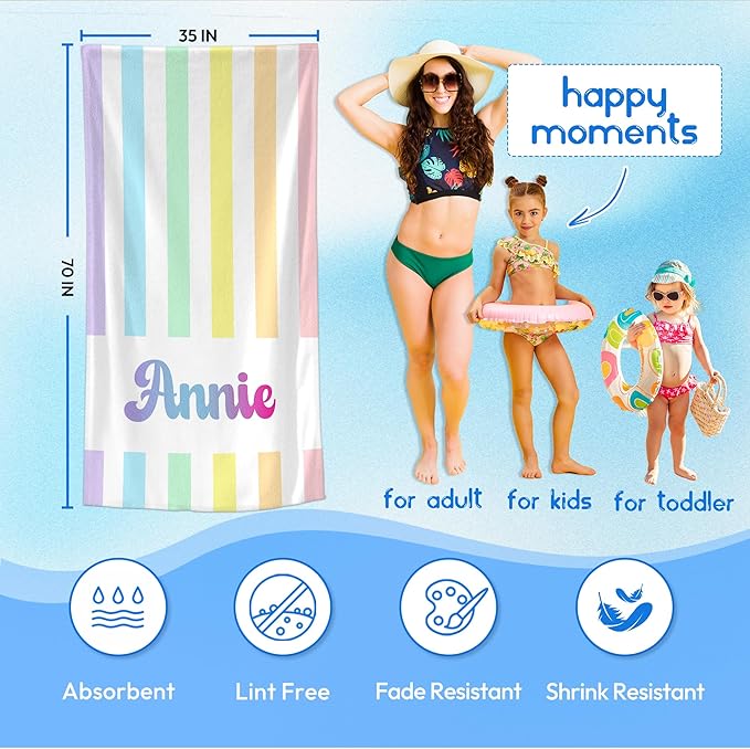 JML Personalized Beach Towel with Name, Custom Rainbow Cabana Stripe Beach Towel, Customized Microfiber Pool Towel, Quick Dry & Absorbent Swim Towel for Adult,Anniversary, Birthday, Summer Holiday-GravixFit