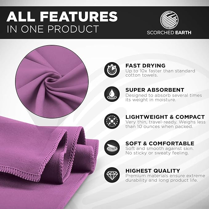 ScorchedEarth Microfiber Travel & Sports Towel Set - Quick Dry, Super Absorbent, Compact, Lightweight - for Camping, Backpacking, Hiking, Beach, Yoga, Swimming - Includes 2 Sizes + Carrying Bag & Clip-GravixFit