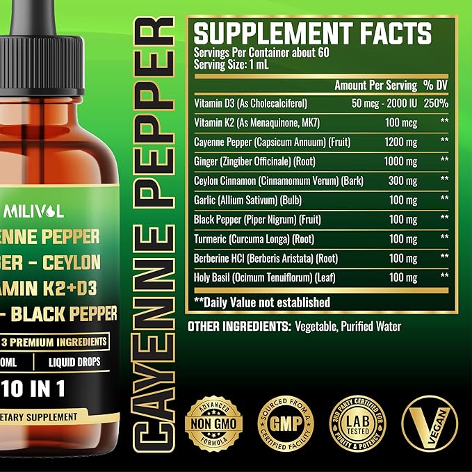 10in1 Cayenne Pepper Liquid Drops + Ginger, Ceylon Cinnamon, Vitamin D3, Vitamin K2, Garlic, Black Pepper and More - Digestion Support - 2 Fl Oz - 2 Months Supply-GravixFit