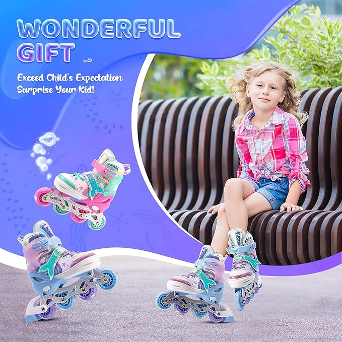 NEMONE Mermaid Inline Skates, 4 Sizes Adjustable Skates for Girls Kids with Light up Wheels, Indoor Beginner Outdoor for Kids Ages 4-6 5-8 6-12 8-12-GravixFit