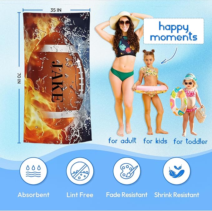 Personalized Beach Towel With Name, Custom Beach Towel with Text, Customized American Football Microfiber Pool Towel, Quick Dry & Absorbent Swim Towel for Adult,Anniversary, Birthday, Summer Holiday-GravixFit