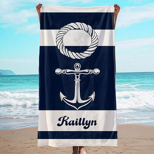 JML Personalized Beach Towel with Name, Custom Anchor Beach Towel, Customized Microfiber Pool Towel, Quick Dry & Absorbent Swim Towel for Adult,Mother's Day, Birthday, Summer Holiday,Vacation-GravixFit