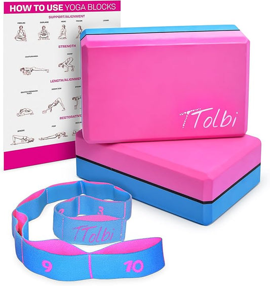 Yoga Blocks 2 Pack Set with Dance Stretch Band & Guide: Non-Slip EVA Foam Block - Ideal Stretching Equipment for Home Workouts, Pilates, Dance, Ballet, Gymnastics, Exercise - Stretch Strap Stuff Props-GravixFit