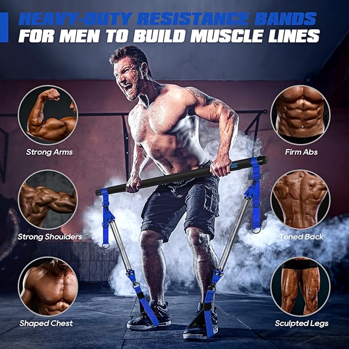 Pilates Bar Kit with Resistance Bands, Heavy Duty Pilates Equipment for Men, Strength Training Bar for Legs, Hip, Back, Arm, Abs, Chest, Shoulders, Portable Home Gym Full Body Workout Equipment-GravixFit