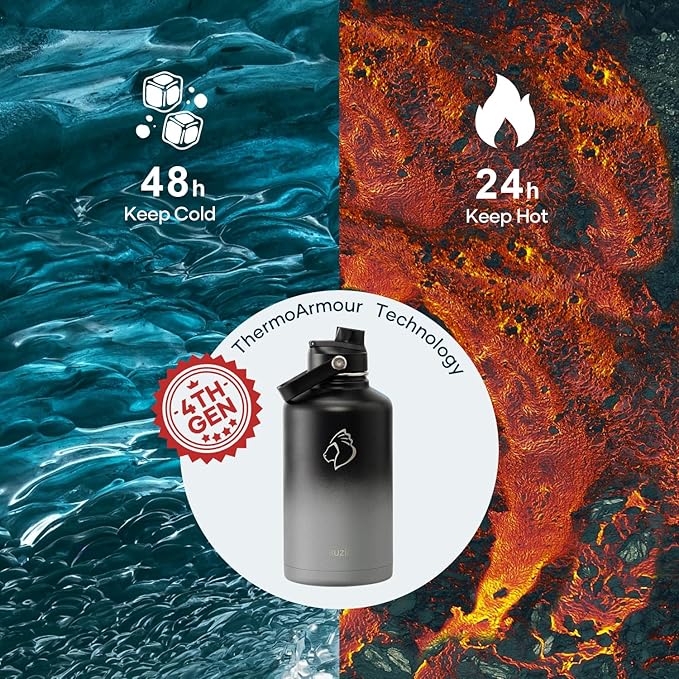 Insulated Water Bottle 64 oz with Straw Lid and Flex Lid, BUZIO 64oz Stainless Steel Water Bottle Half Gallon Jug Flask, Double Wall Vacuum Sports Thermo Mug, Cold Hot Hydro Metal Canteen-GravixFit