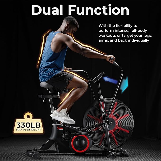 Sunny Health & Fitness Premium Smart Cross-Training Fan Bike, Air Resistance Cardio Machine w/330lb Capacity for Intensive Home Workout, Customizable Monitor w/Free SunnyFit App Connection-SF-B223018-GravixFit