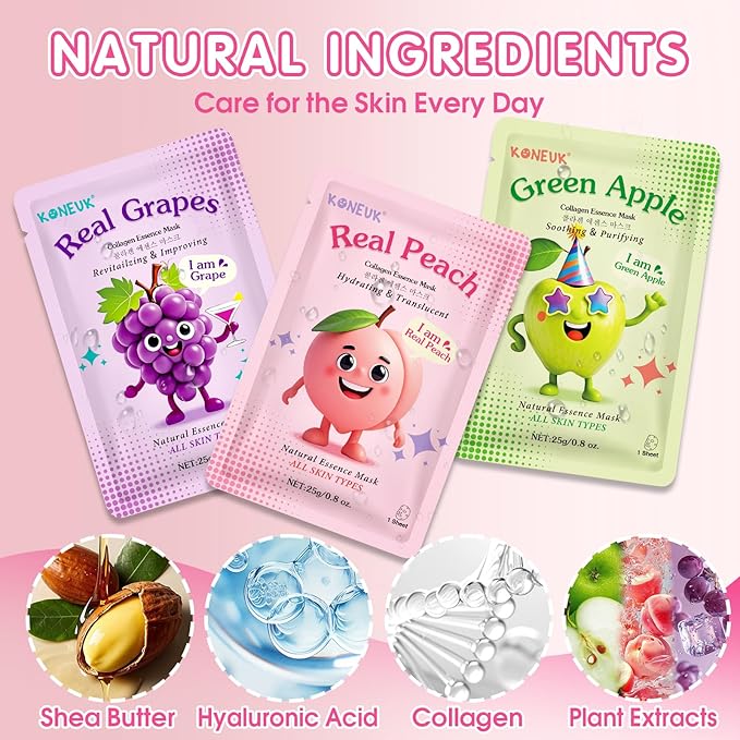 14 Pack Fruit Face Masks Skincare for Kids, Sheet Hydrating Facial Mask for All Skin Types, Bulk Collagen Face Mask for Women Skin Care, Birthday Party Spa Gifts for Teens Girls-GravixFit