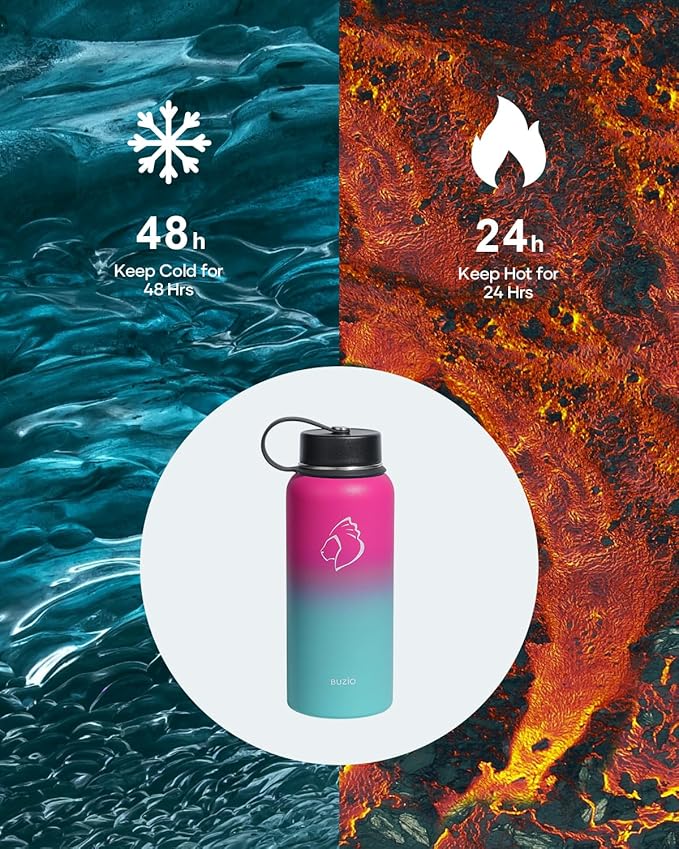 BUZIO Insulated Water Bottle with Straw Lid and Flex Cap, 32oz Double Wall Vacuum Stainless Steel Thermo with Wide Mouth Lid, Cold 48 Hrs Hot 24 Hrs Sweat Proof Flask, Rose and Green-GravixFit