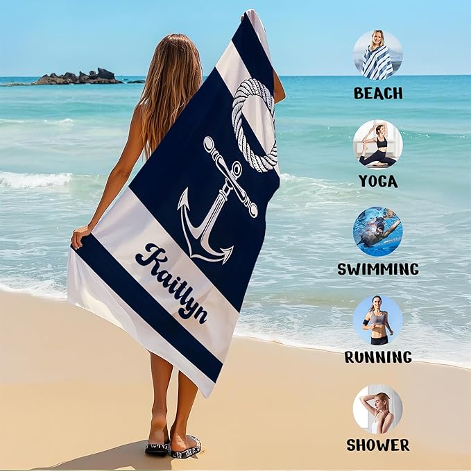 JML Personalized Beach Towel with Name, Custom Anchor Beach Towel, Customized Microfiber Pool Towel, Quick Dry & Absorbent Swim Towel for Adult,Mother's Day, Birthday, Summer Holiday,Vacation-GravixFit