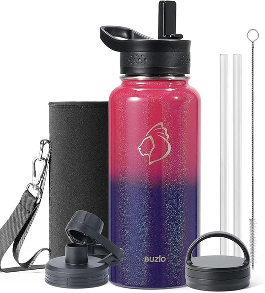 BUZIO 32 oz Water Bottle Insulated with Straw & 3 lid and Carrying Pouch, Leak Proof Anti-Slip Stainless Steel Water Flask Jug, Cold for 48 Hrs Double Vacuum Thermo Canteen, Pearlescent Red Black-GravixFit