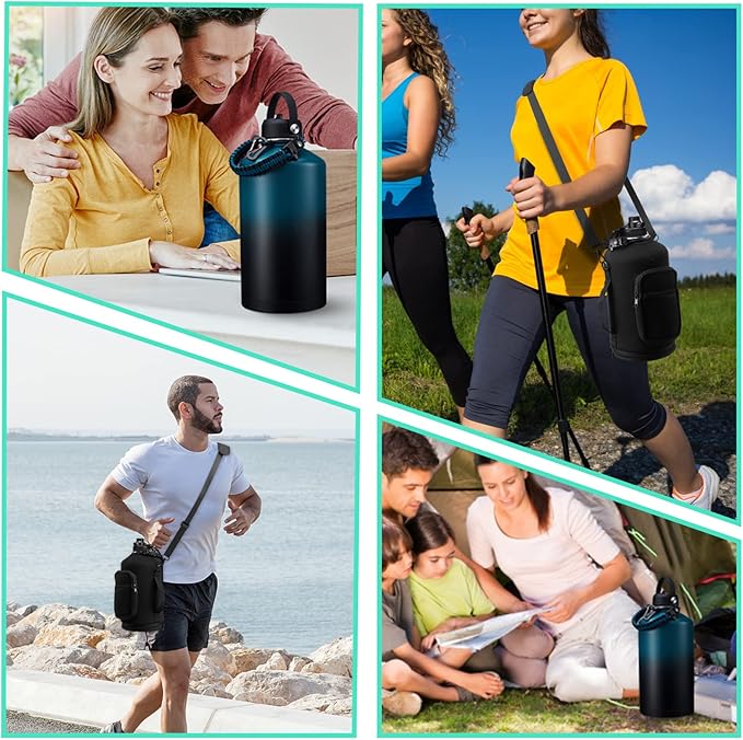 1 Gallon Water Bottle Stainless Steel - 128oz Insulated Flask Water Bottle with Sleeve Strap, Big Water Jug with Straw & Spout Lid, Gym Camping Gallon Water Bottle w/Paracord Handle, protective Boot-GravixFit