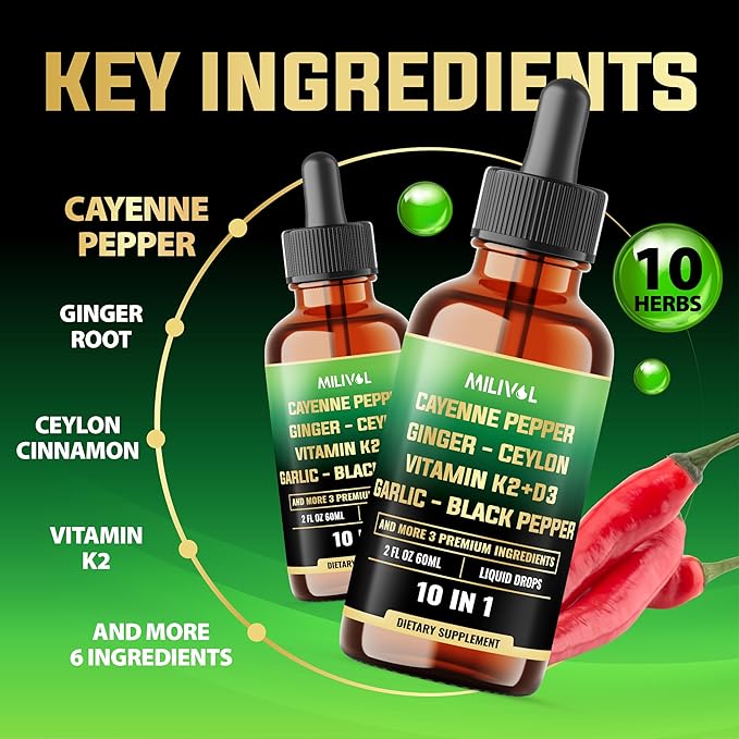 10in1 Cayenne Pepper Liquid Drops + Ginger, Ceylon Cinnamon, Vitamin D3, Vitamin K2, Garlic, Black Pepper and More - Digestion Support - 2 Fl Oz - 2 Months Supply-GravixFit